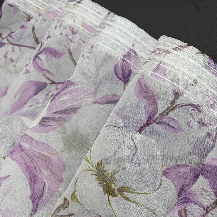 Тюль Magnolia з бузково-фіолетовим листям готовий батист під льон 150–600 см (YH85-16)