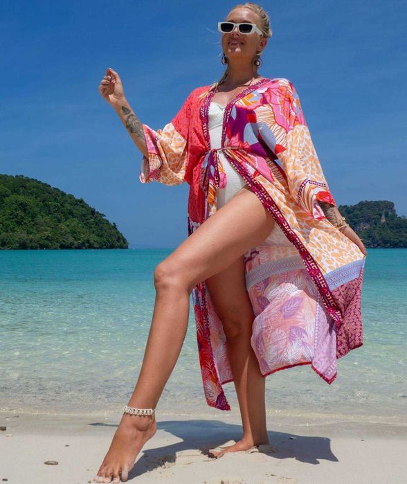 Pareo plażowe narzutka kolorowa tunika z paskiem maxi