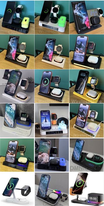 Бездротова зарядка 5 в 1 для Apple Watch iPhone Airpods, Док-Станція Samsung Galaxy Watch Беспроводная зарядная станция с часами термометр Безпровідна
