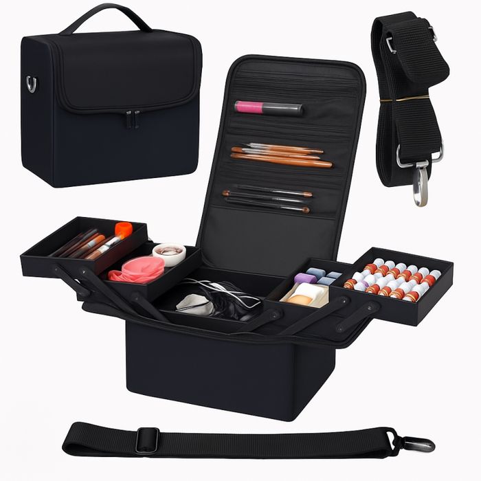 Czarna kosmetyczka rozkładana elegancki kuferek organizer