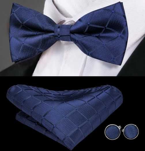 Mucha wzory poszetka spinki zestaw niebieska muszka