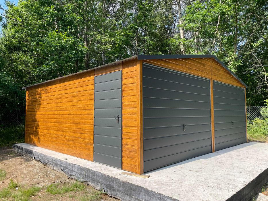 Garaż blaszany 6x5.8, złoty dąb, KONSTRUKCJA OCYNK. PRODUCENT.