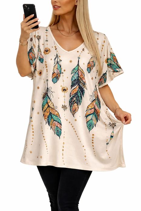 Bluzka plus size tunika duży rozmiar luźna 50/52/54/56 pióra