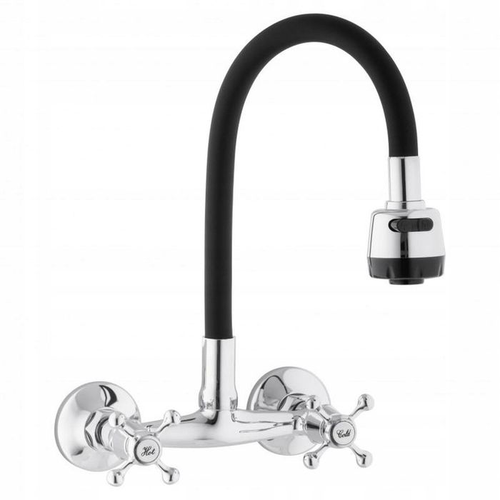 Bateria Kuchenna Ścienna Kran Elastyczna Wylewka Czarna Chrom Retro