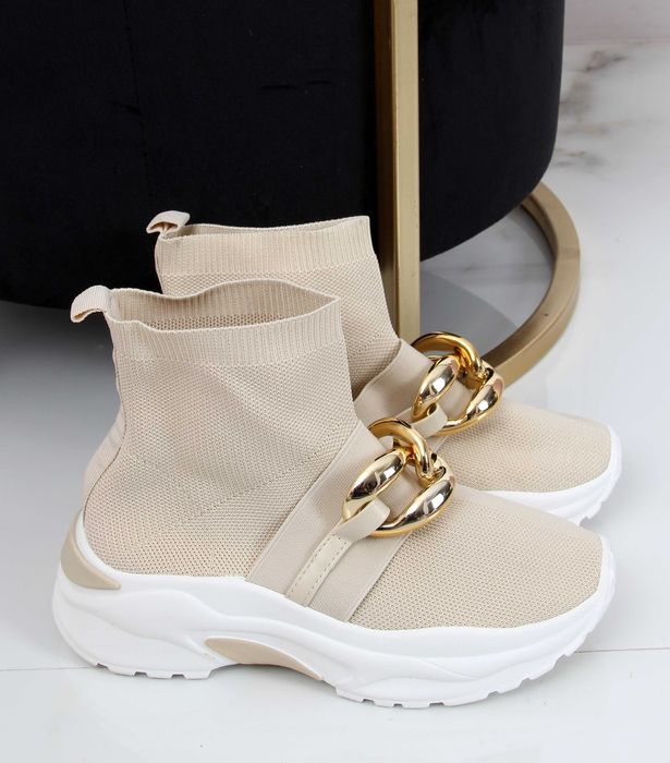 Nowe beżowe sneakersy skarpetkowe elastyczne ze złotym łańcuchem 36