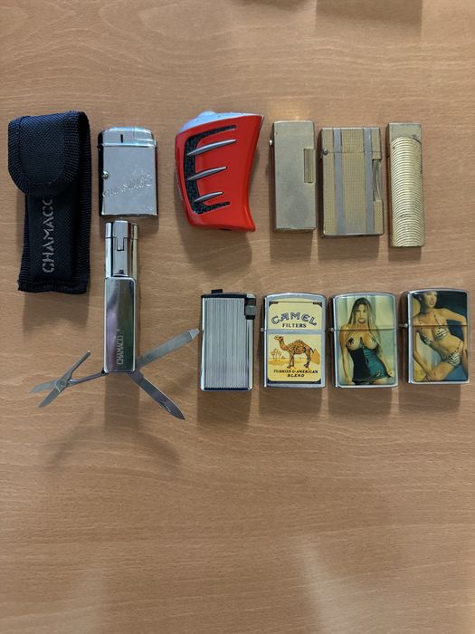 Conjunto de 10 isqueiros de coleção, lexing, flamidor e mais