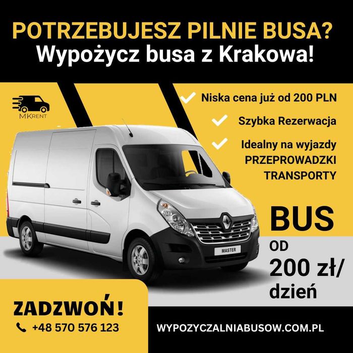 Wypożyczalnia BUSÓW Kraków wynajem  BUSÓW MK Rent MASTER BOXER Vivaro