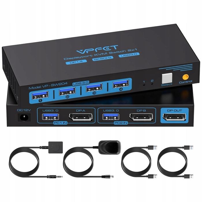 Przełącznik KVM 8K 60 Hz z DisplayPortem i USB 3.0 4K 120 Hz z 4 x USB 3.0