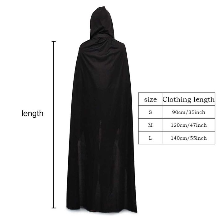 Peleryna z kapturem czarna, dł. 130 cm Halloween Cosplay Karnawał