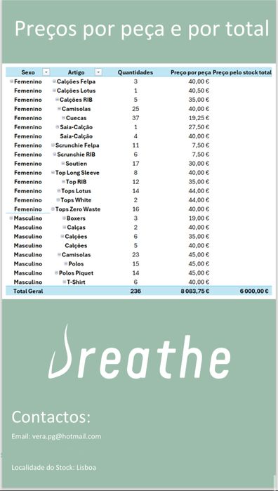 Stock off 236 peças roupa desportiva ecológica – ideal revenda / lojas