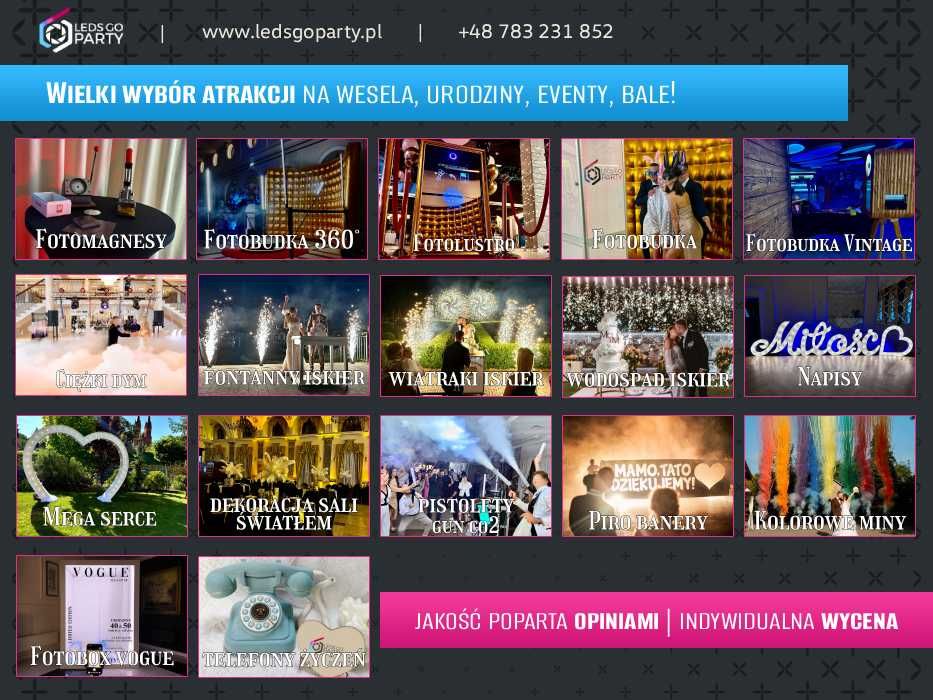 Fotolustro / Fotobox Vogue / Fotomagnesy / Fotobudka / Ciężki dym / Wiatraki iskier / Dekoracja Światłem