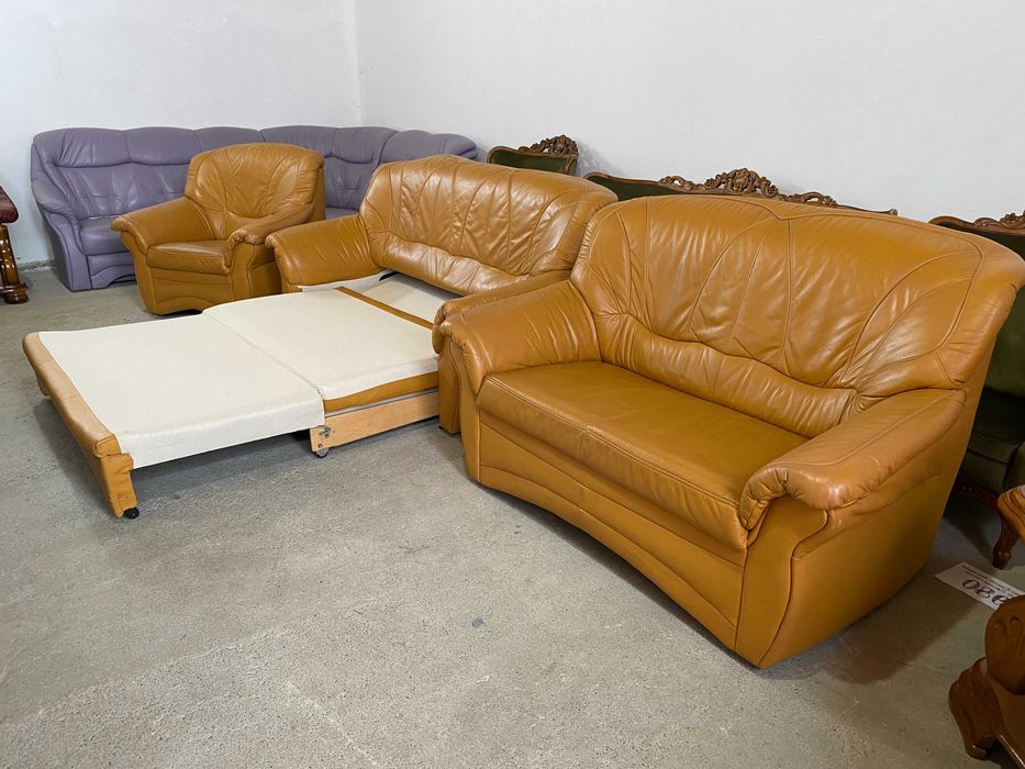Шкіряний розкладний 3-місний диван+2-місний диван+крісло з нат.шкіри