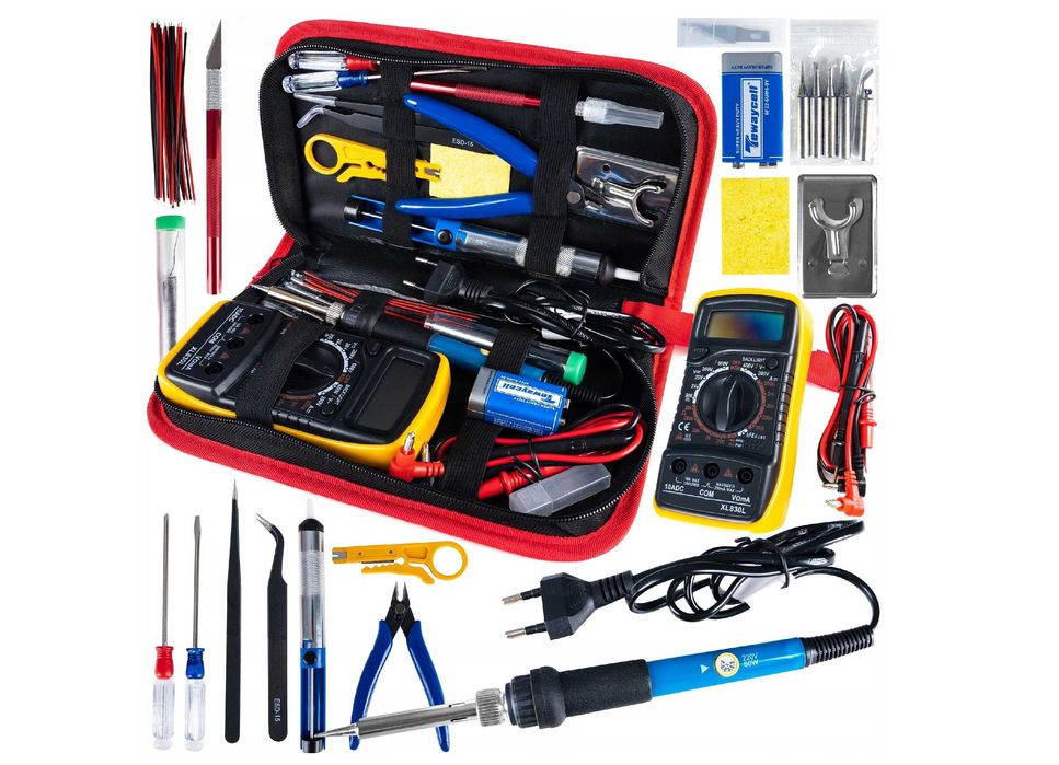 ZESTAW narzędzi dla ELEKTRYKA lutownica multimetr groty UNIWERSALNY
