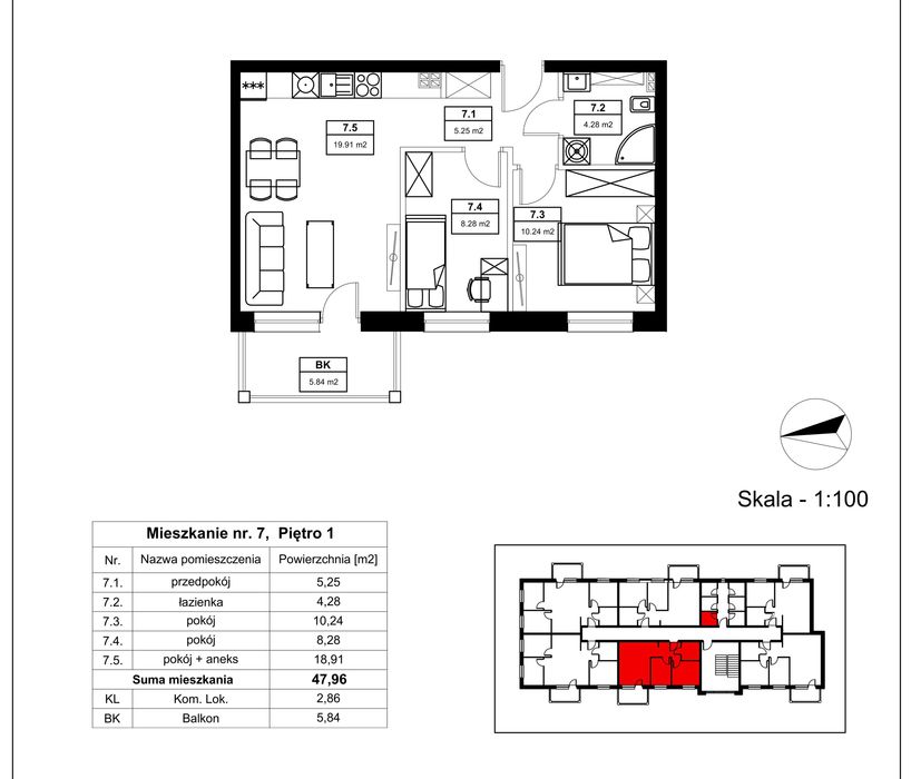 Nowe 3 pokojowe mieszkanie - 47,96 m²