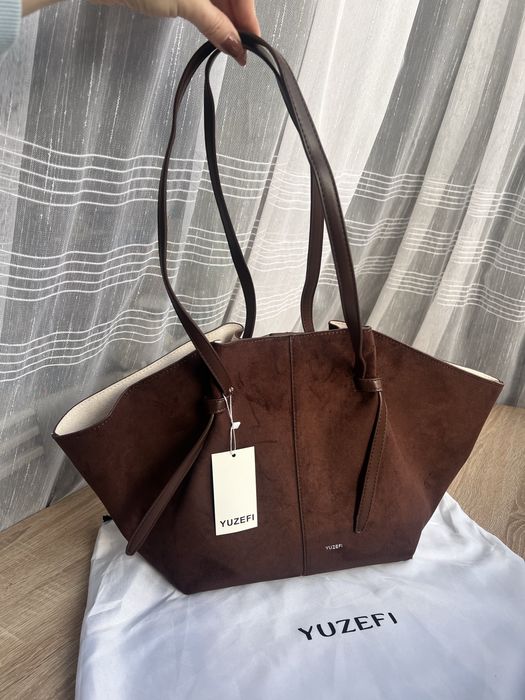 Сумка замшева шоколадна, чорна, велика