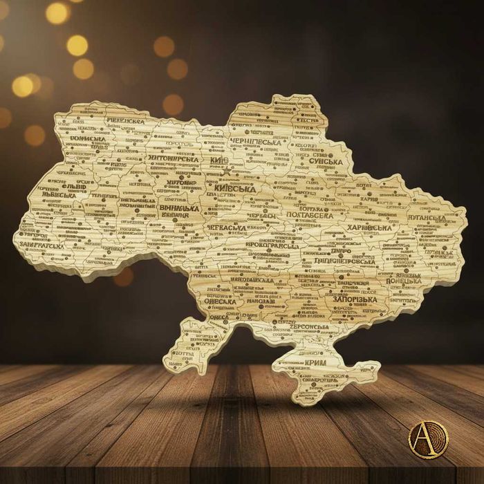 Дерев’яна карта України з містами з натурального ясена