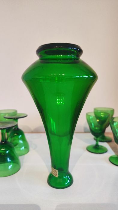 Egermann karafka i 6 kieliszków, szkło zielone, Czechy