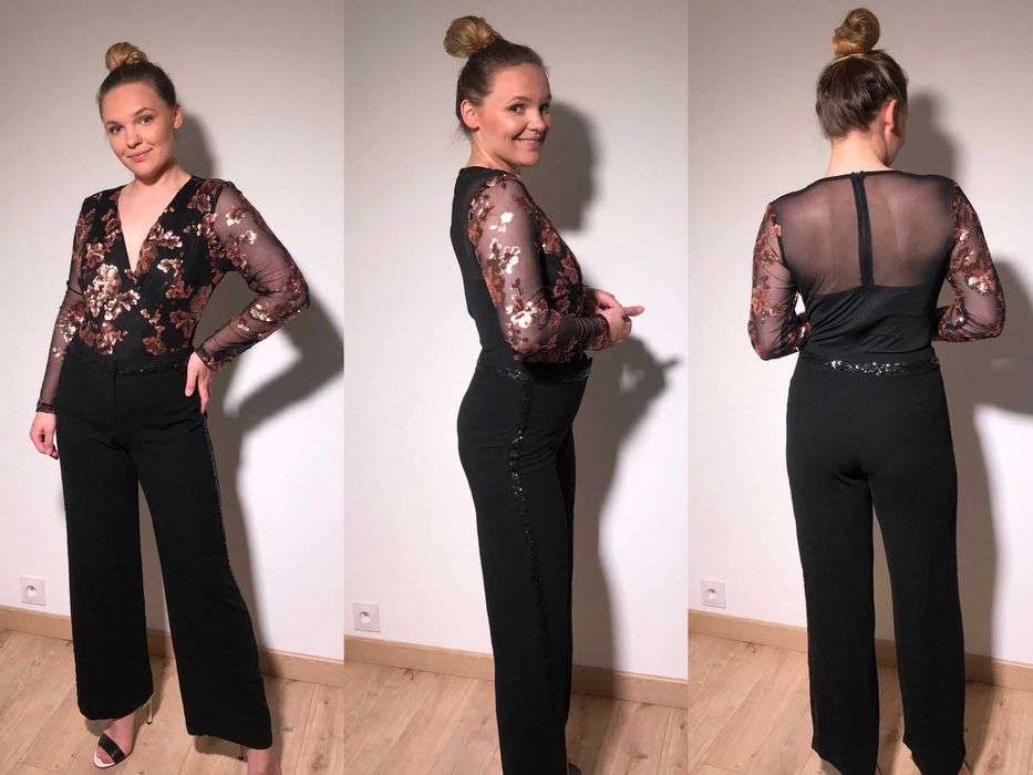 czarne eleganckie body bluzka  cekiny
 lampasy z cekinów z boku;