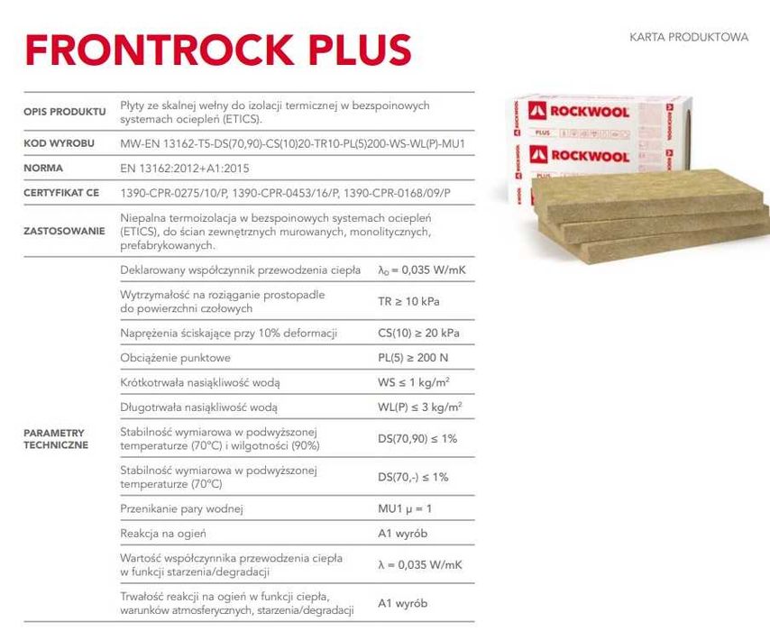 Wełna skalna ROCKWOOL FRONTROCK PLUS 50mm 5cm 8,10,12,15,18,20 λ=0,035