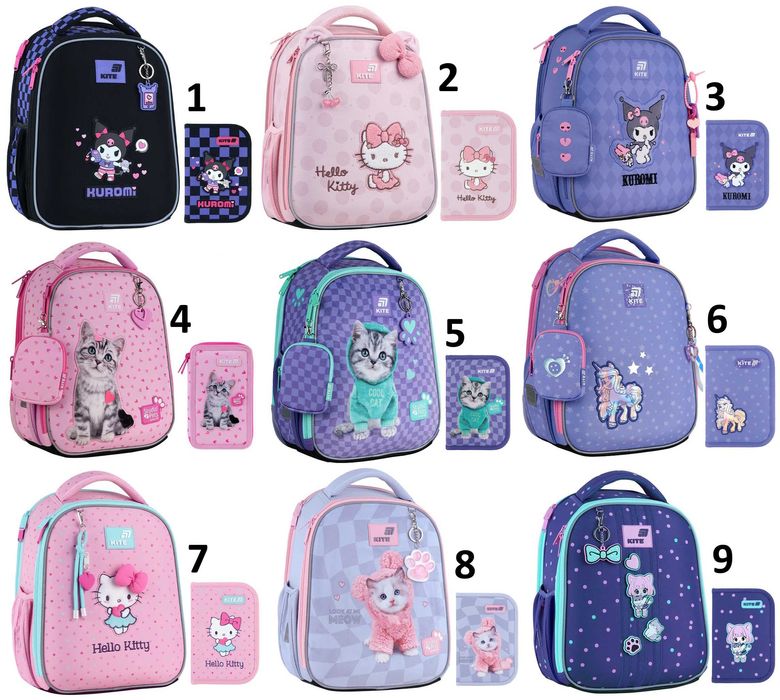 Рюкзак шкільний каркасний Kite Education 555 S + пенал, ціни різні Кайт Hello Kitty, Kuromi, My Little Pony