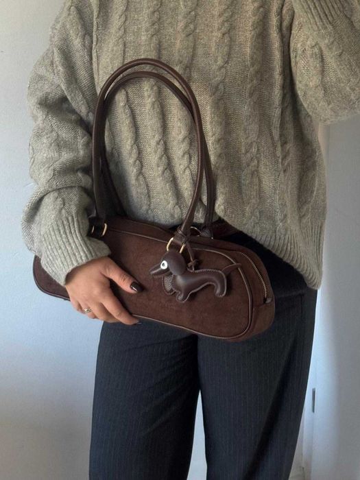 Torba torebka Gallantry Paris czekoladowa na ramię jamnik zamsz brąz