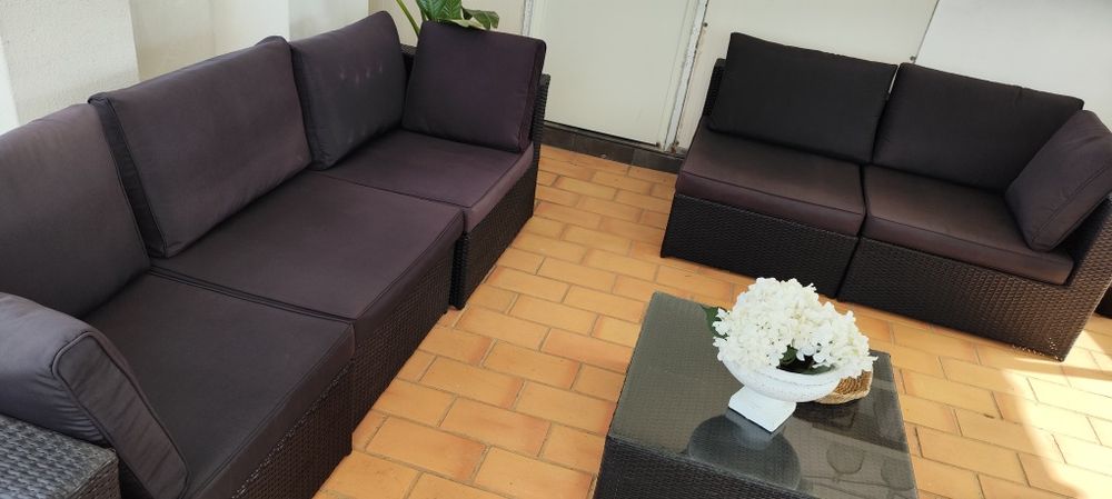 Sofá modular 6 peças em rattan sintético em preto