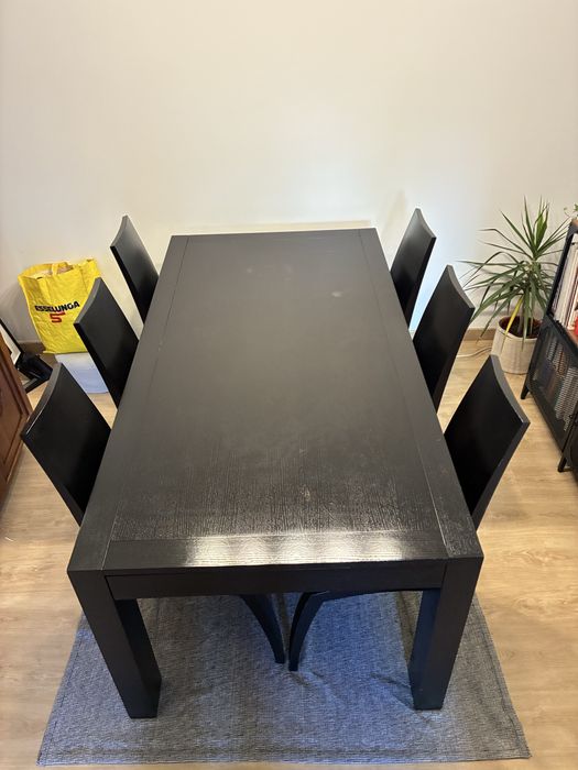 Mesa e cadeiras madeira Wengue 1,80m a 2,80 m