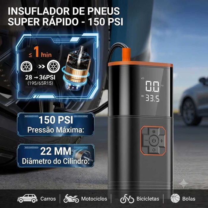 Arrancador de Bateria + Compressor de Ar Portátil | NOVO | Inflador de Pneus | Booster Lithium