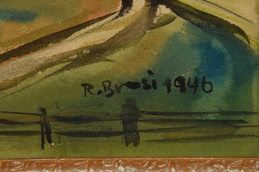 Akwarela Dom w Alpach R Brosi 1946 w zloconej ramie 24x31