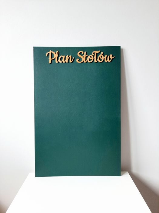 Plan stołów złoty napis tablica ślubna Butelkowa zieleń