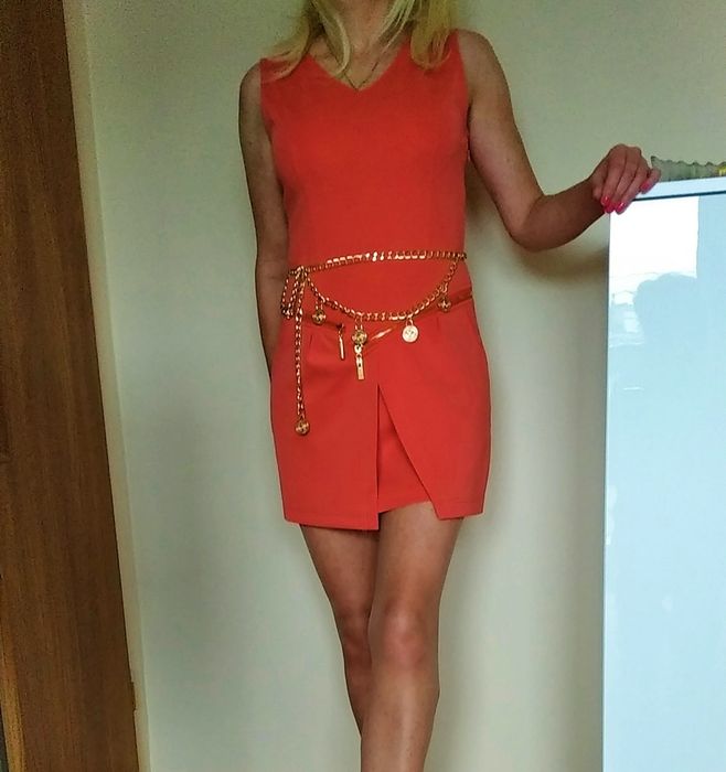 LUKSUSOWA sukienka damska Glamour mini pomarańcz złote zamki S M