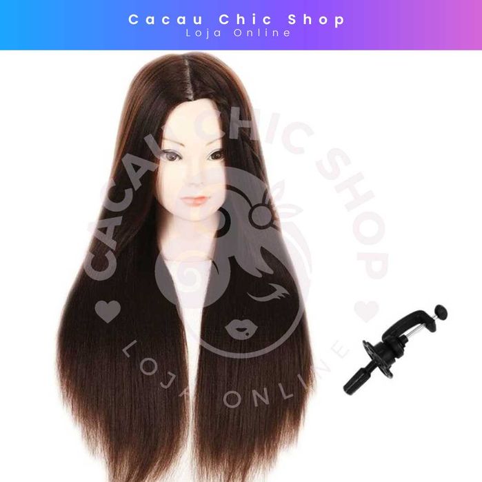 Cabeça de Treino Castanho Escuro Sintético 69Cm+ Suporte /Cabeleireiro