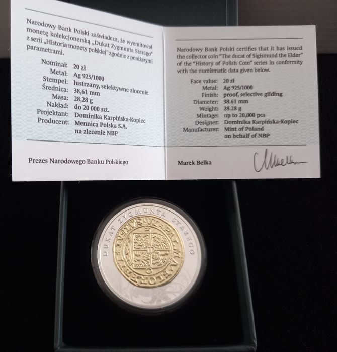 Moneta kolekcjonerska dukat Zygmunta Starego 20 zł 2016 rok