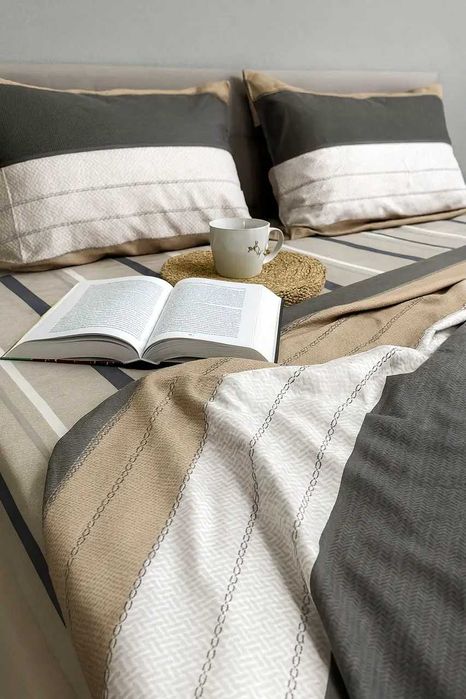 Комплект постільної білизни Ecotton полуторний 150х215 см в полоску молочно-сірий