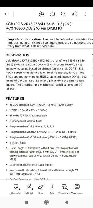 Zestaw 2x 2GB Kingston 4GB DDR3 1333Mb/s KVR1333D3N9K2/4G