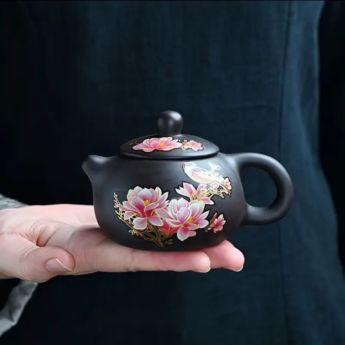 Глиняний чайник з птахом і квітами, або рибкою. Змінює колір, 200 мл.