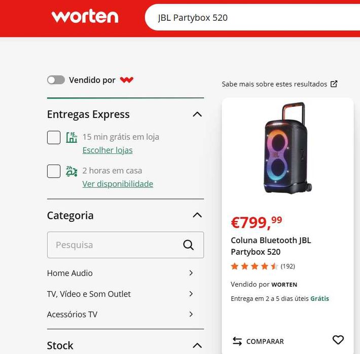 Coluna Portátil JBL Partybox 520 Nova na caixa