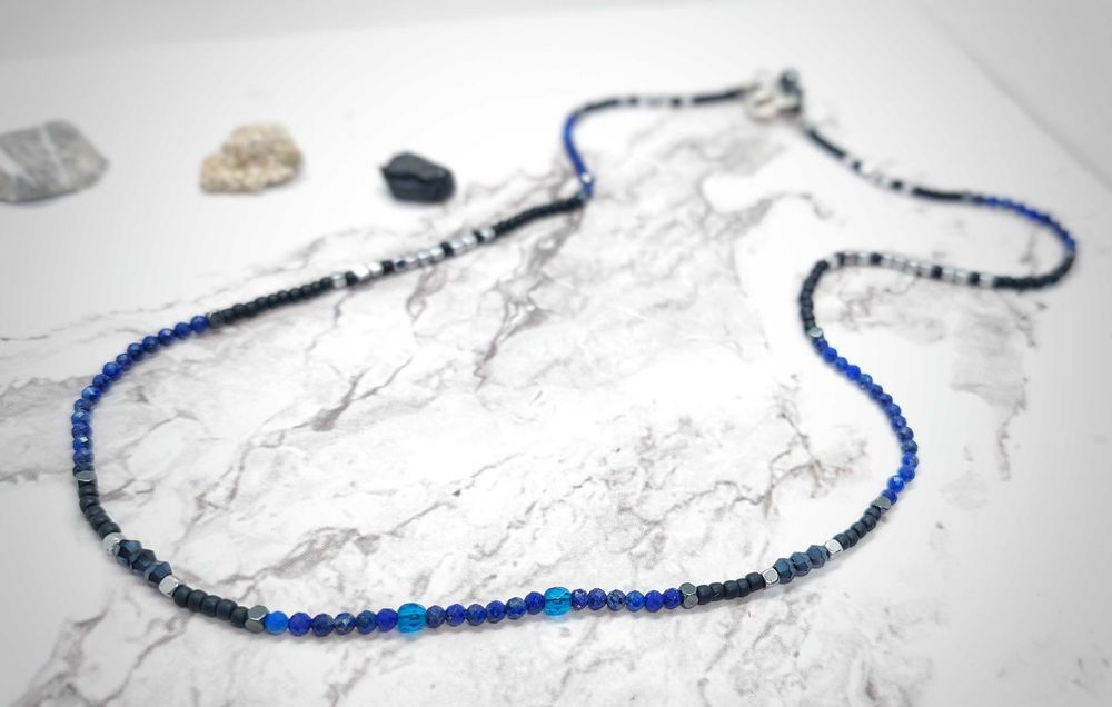 Choker handmade Justone lapis lazuli, hematyt, Toho, kryształki
