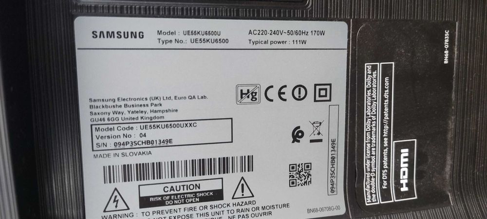 TV Samsung 55 avariada - para peças (modelo UE55KU6500U)