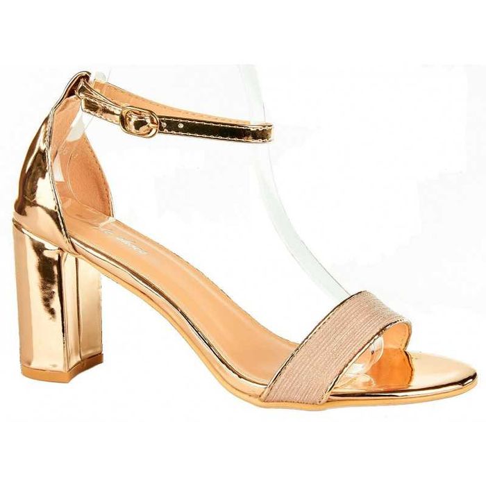 Sandały na obcasie słupku 7,5 cm. złote champagne r 38