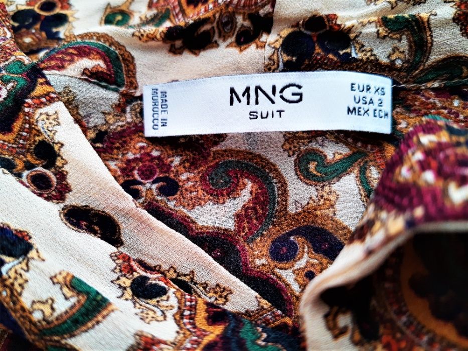Mango Nowa Bluzka Koszula Damska Elegancka Wzory Kokarda Boho Beżowa