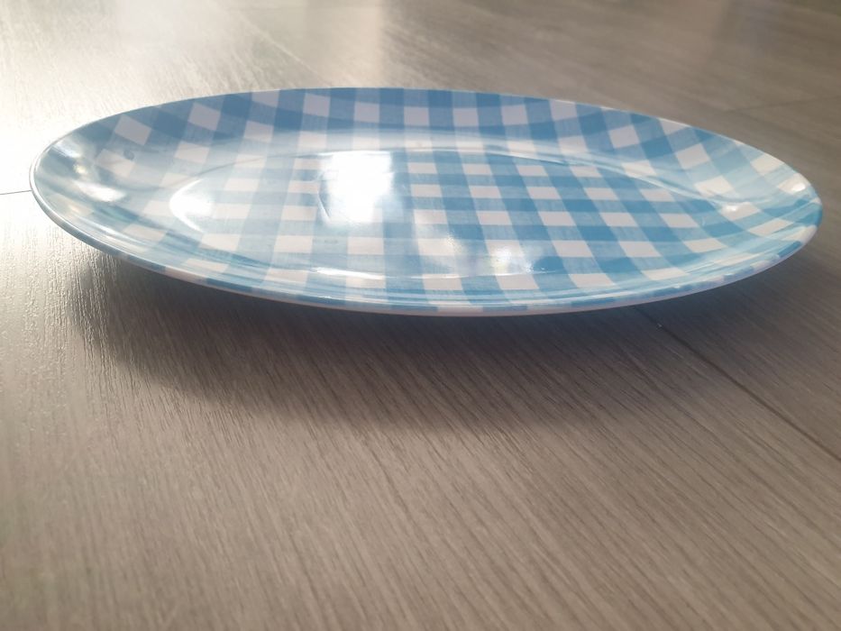 Półmisek plastikowy krata gingham biało niebieska retro