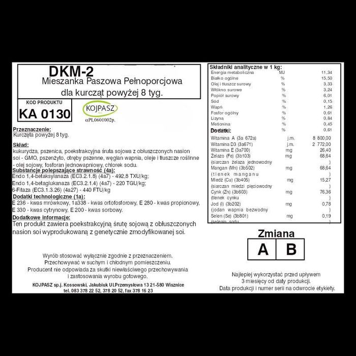 PASZA dla kurcząt GRANULAT DKM-2 - 10 kg KOJPASZ