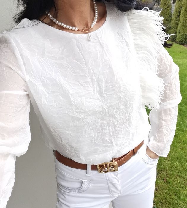 Zara Biała Bluzka  Damska M pióra