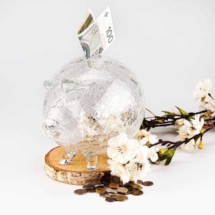 Szklana świnka skarbonka pajęczyna