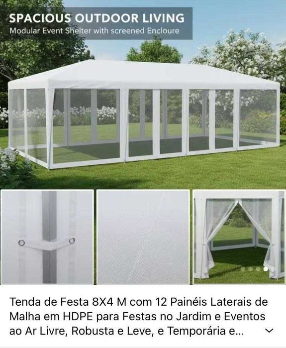 Tenda Nova para Eventos Casamentos Jardim 8Mx4Mx2,68M com 12 painéis laterais de malha em HPDE