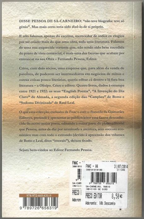 Mário Sá Carneiro - Indícios de ouro - poesia - Portes Grátis