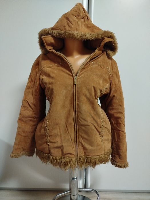 Kożuch damski z futerkiem i kapturem XL- vintage