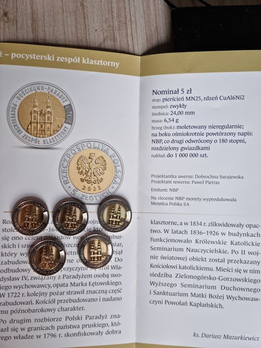 5 sztuk 5zł okolicznościowe Gościkowo Paradyż zespół klasztorny 2023