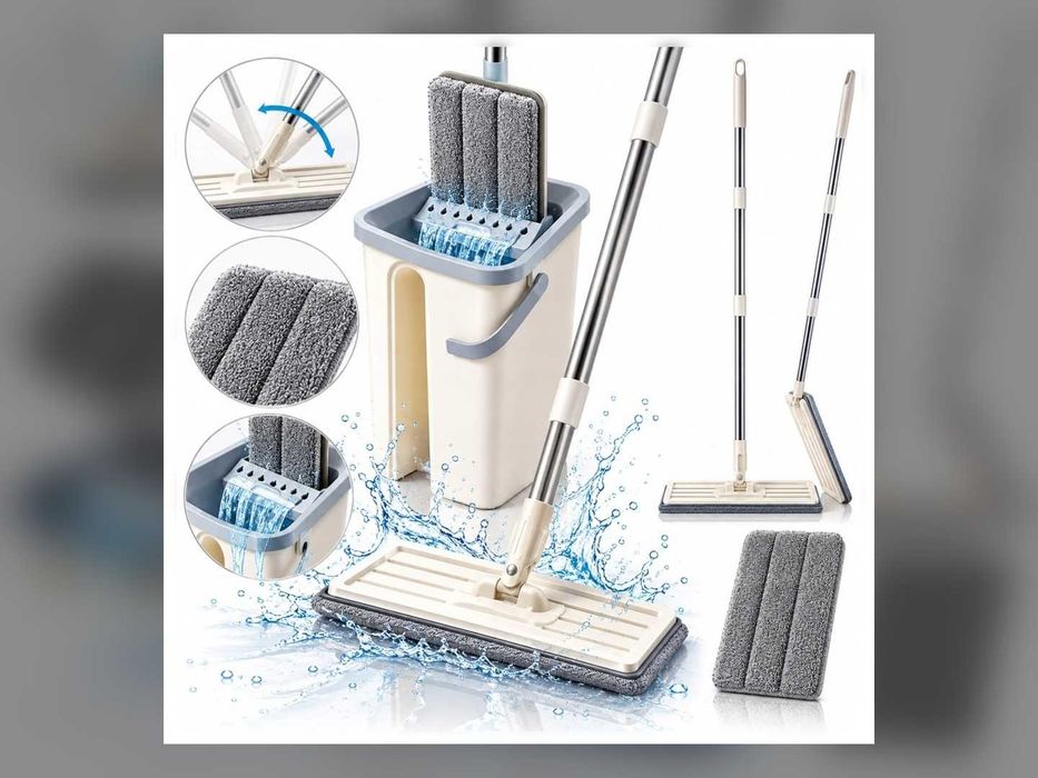 Nowy Mop Płaski Z Wiadrem Dwukomorowym Wyciskacz 2 Wkłady 120 Cm